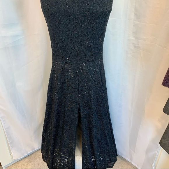 BLACK lace sequin mermaid open back sleeveless Long gown evening dress formal M - Picture 3 of 12